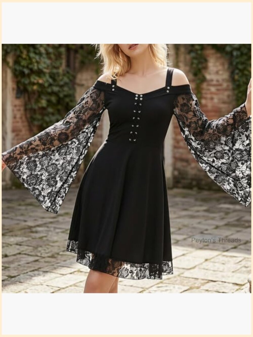 Off-Shoulder Lace Gothic Dress Bell Sleeve Steampunk Vintage Costume - Picture 3 of 5